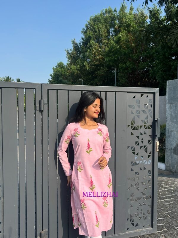 M-421 PINK FLORAL FULL SLEEVE  KURTI